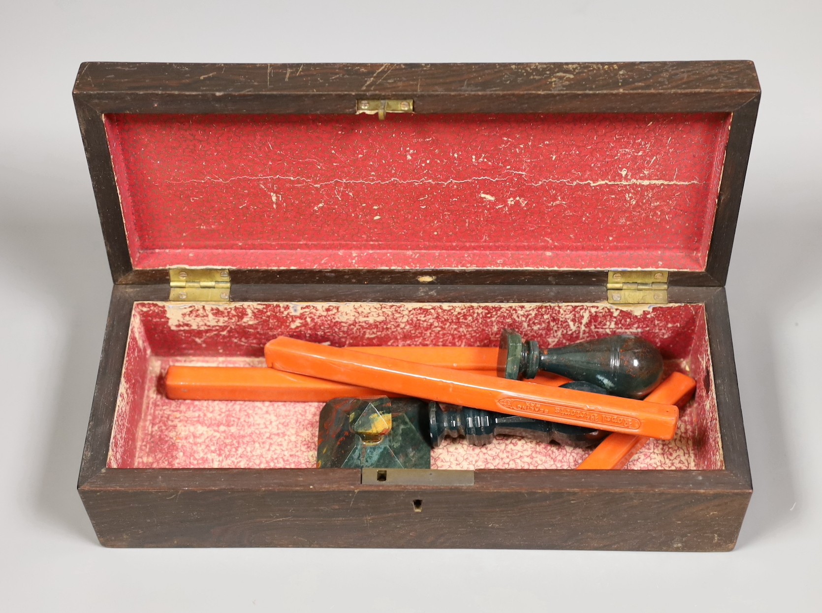 A Tunbridgeware box, 27cm wide, and three bloodstone table seals